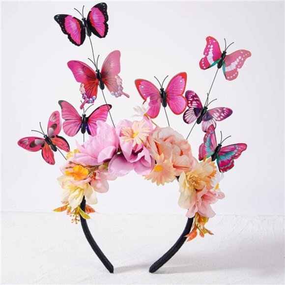Pink Butterfly Fascinator Headband | Monarch Flower Crown for Women, Tea Party - Picture 3 of 6